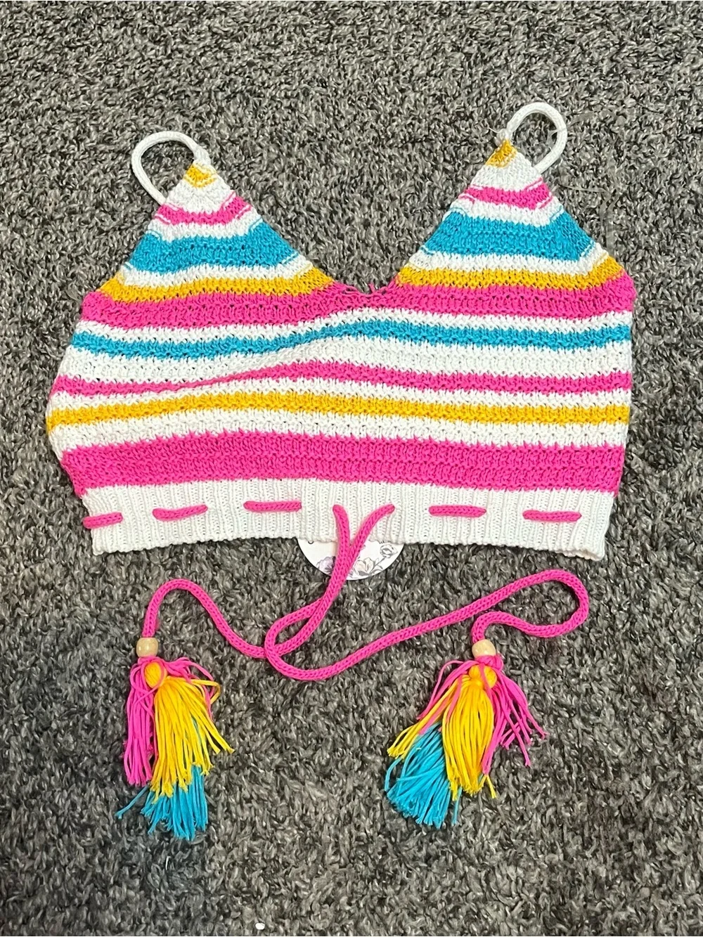 Striped Crochet Tie-Front Crop Top in Pink, White, Yellow & Teal